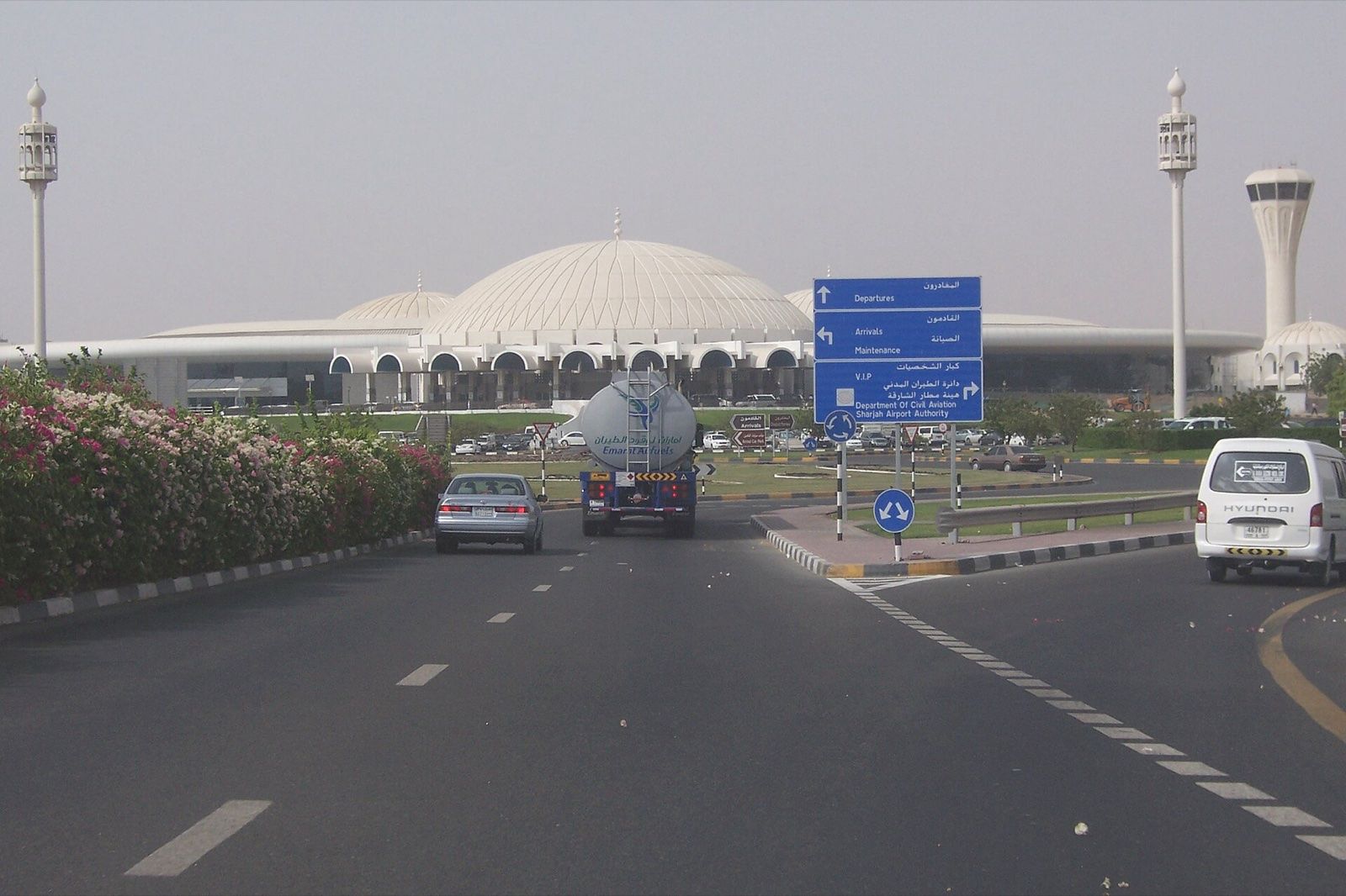 Approach road to the domed terminal of Sharjah International Airport