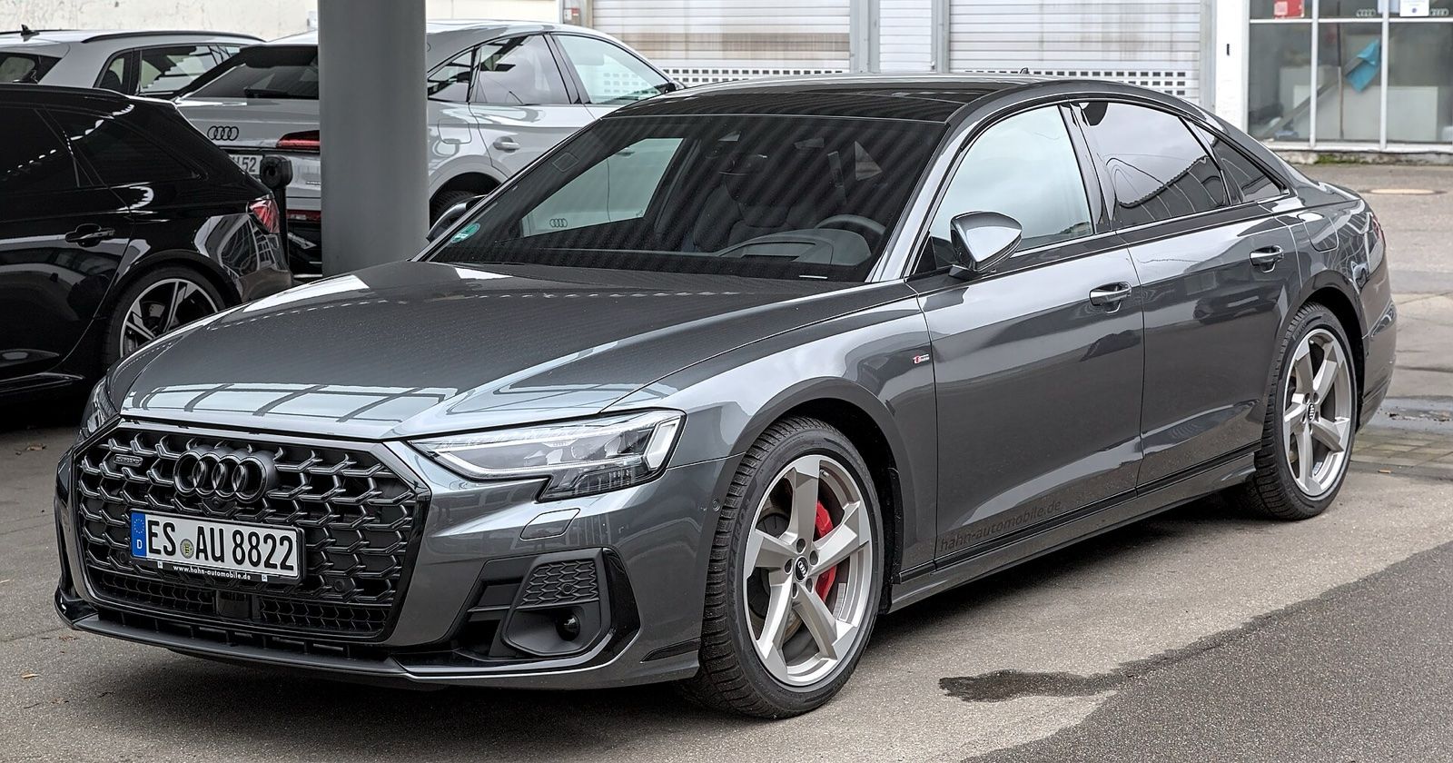 Grey Audi A8 (D5) sedan, front three-quarter view